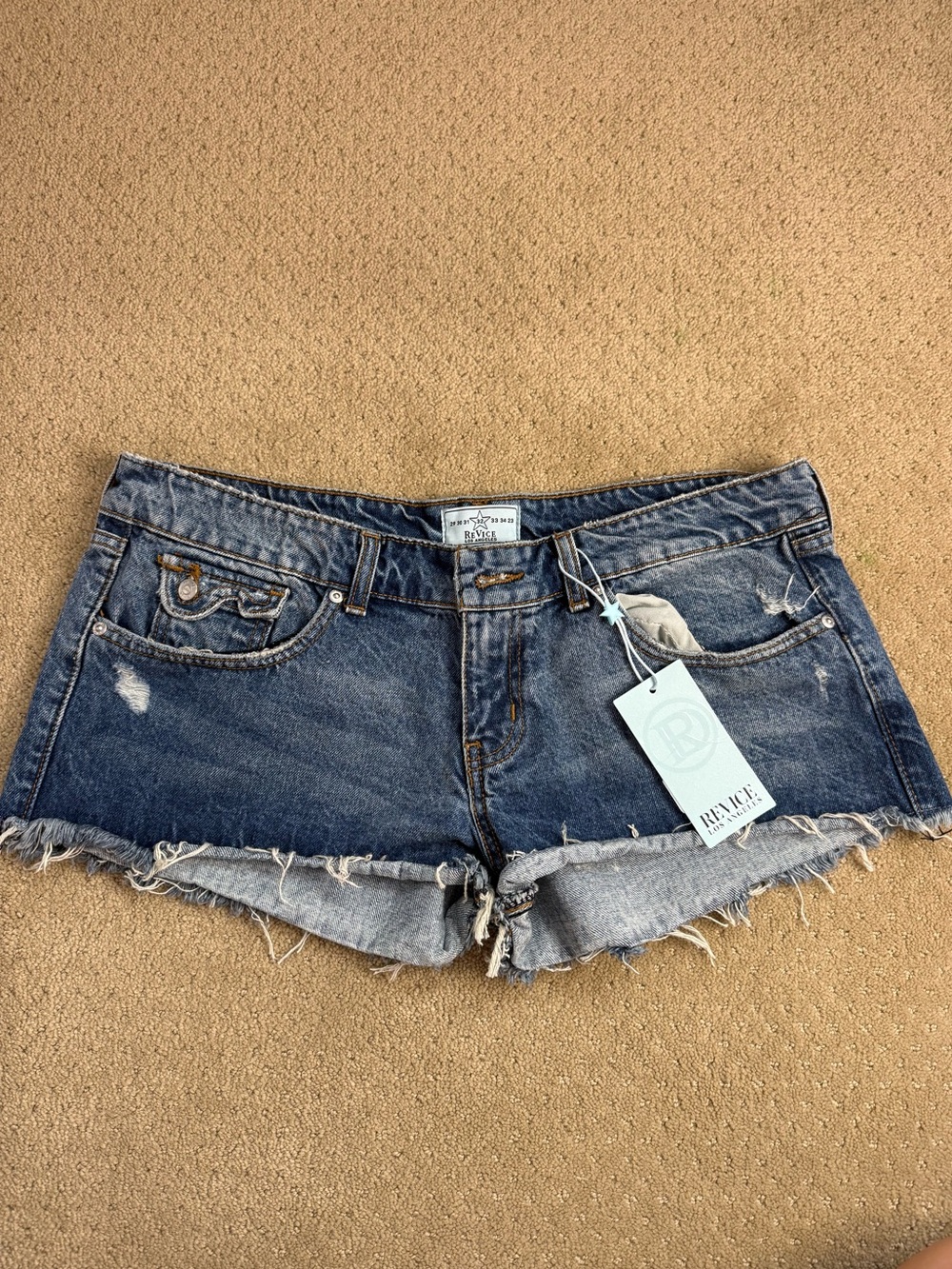 REVICE Low Rider Dark Blue Distressed Denim Shorts